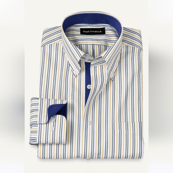Paul Fredrick non-iron two-ply cotton pinpoint Long Sleeve Shirt Slim Fit Stripe - Picture 10 of 10